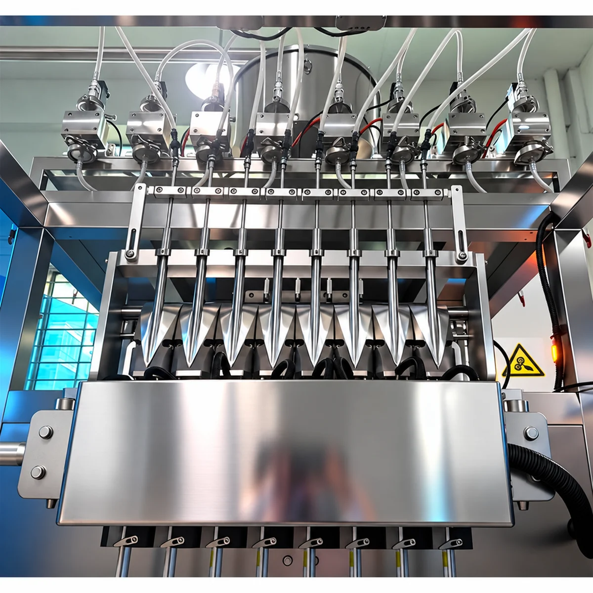 Liquid dosing nozzles on a multi-lane stick pack machine